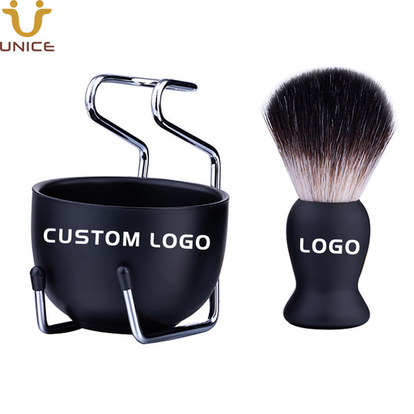 MOQ 100 sets OEM Custom LOGO Black Stainless Steel Beard Grooming Tool Beard Shaving Brush Boar Bristle Mustache Brush Kits with Base