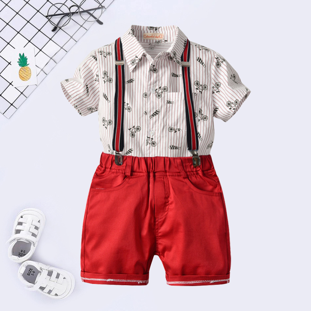 Striped Blouse and Suspender Pants Set