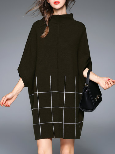 Army Green Cashmere Stand Collar Batwing Checkered/Plaid Sweater