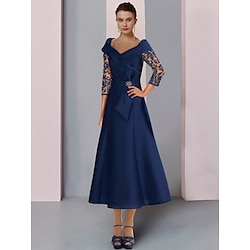 A-Line Mother of the Bride Dress Wedding Guest Elegant Petite V Neck Tea Length Satin Lace 3/4 Length Sleeve with Bow(s) Crystal Brooch Ruching 2023 Lightinthebox