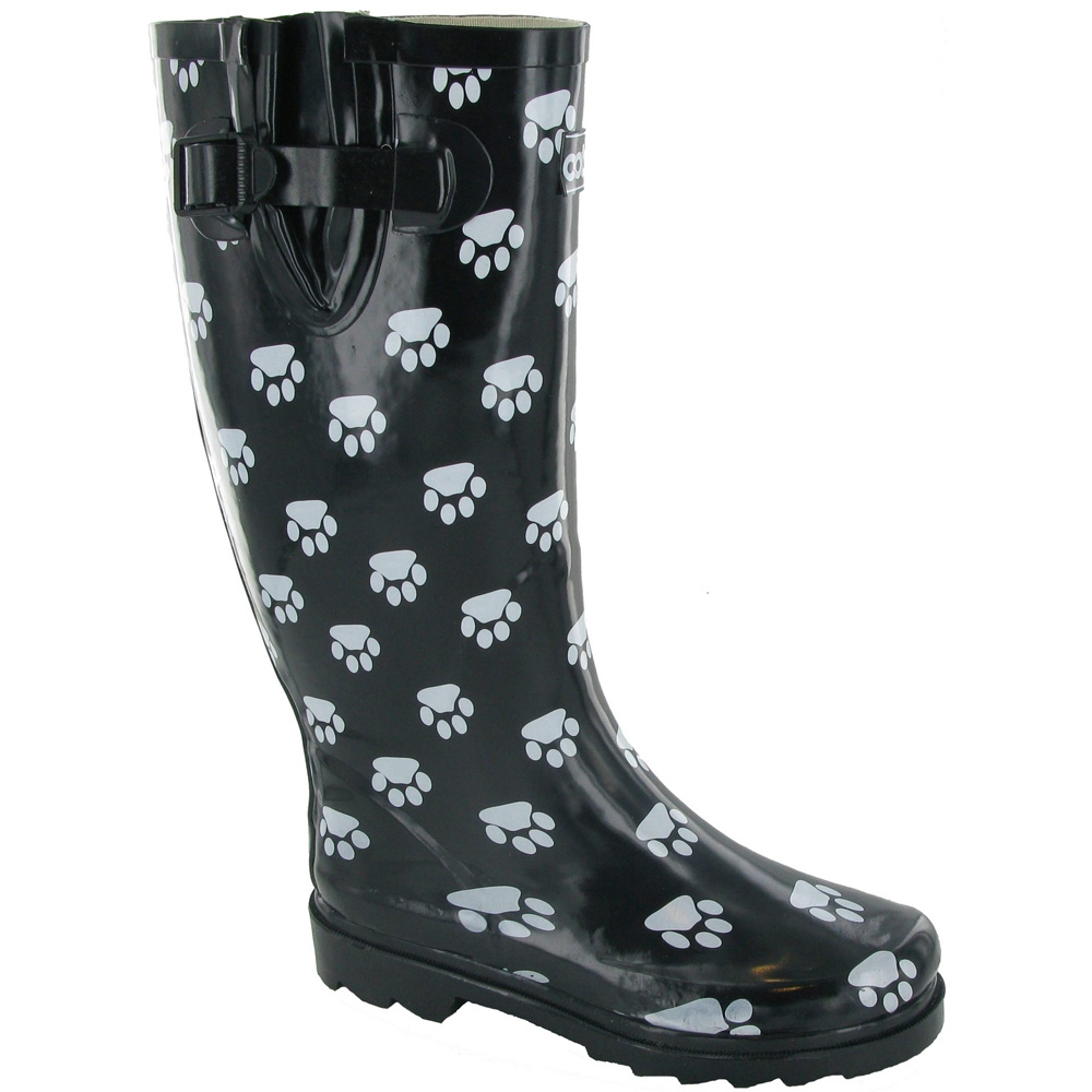 Cotswold Ladies Dog Paw Patterned Rubber Welly Wellington Boot Black