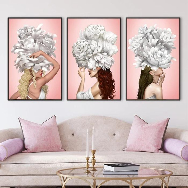 modern white flower girl elegant nude woman canvas painting nordic poster prints wall art for living room home decor (no frame)