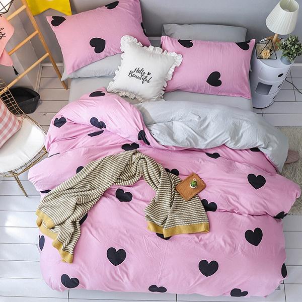 cartoon pink heart-shaped bedding sets 3/4pcs geometric pattern bed linings duvet cover bed sheet pillowcases cover set