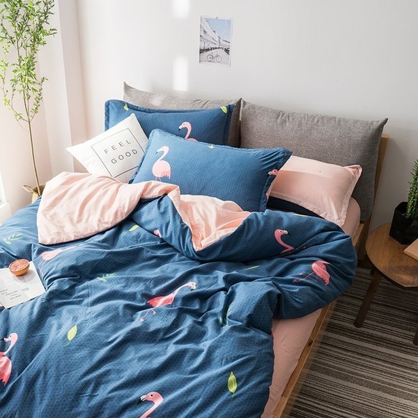 Bedding sets Home Textile Dark Blue Flamingo Pink Duvet Cover Pillowcase Flat Sheet Teen Adult Girl Woman Set Full Bed Linen C3VL