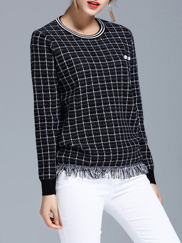 Casual Checkered/Plaid Crew Neck Long Sleeve Fringed Sweater with Brooch