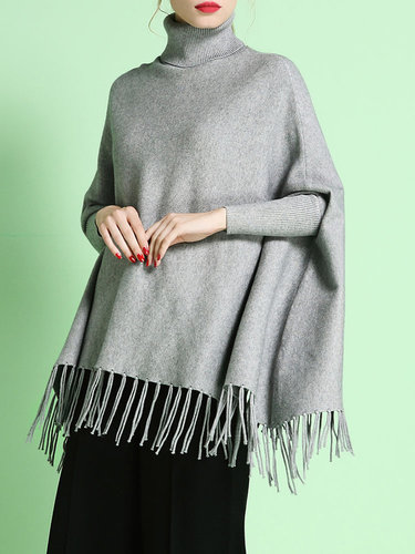 Gray Plain Batwing Turtleneck Knitted Sweater
