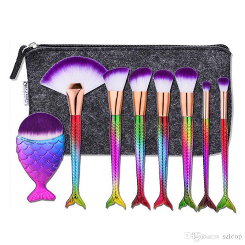 Mermaid Tail Shape Blending Brush 8pcs/set Foundation Cosmetic Brush Thread Cosmetic Make Up Flat Mermaid Rainbow Brushes Set With Bag
