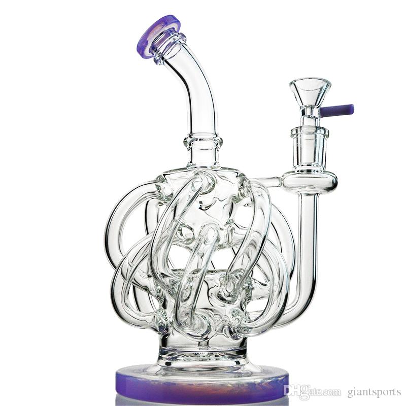 Green Purple Heady Glass Bongs 12 Recycler Tube Oil Rigs Vortex Recycler Rigs 14mm Female Joint Water Pipe Unique Super Cyclone Bong