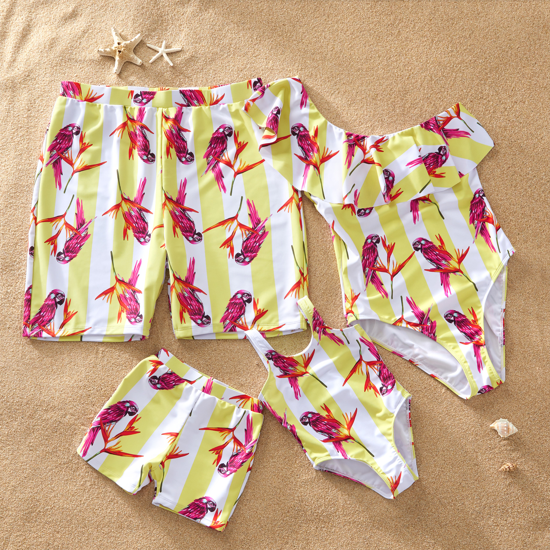 Bird Print Striped Family Matching Swimsuit