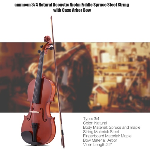 ammoon 3/4 Natural Acoustic Violin Fiddle Spruce Steel String with Case Arbor Bow for Music Lovers Beginners + ammoon AMT-01GB Multifunctional 3in1 Digital Tuner + Metronome + Tone Generator for Chromatic Guitar Bass Violin + 4pcs A Set of Violin Strings