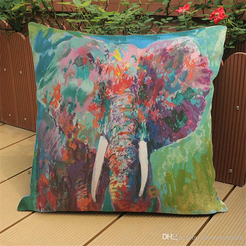 Wonderful Ink and Wash Style Colorful Elephant Cotton Linen Throw Pillow Case Cushion Cover Home Sofa Decorative 18 X 18 Inch