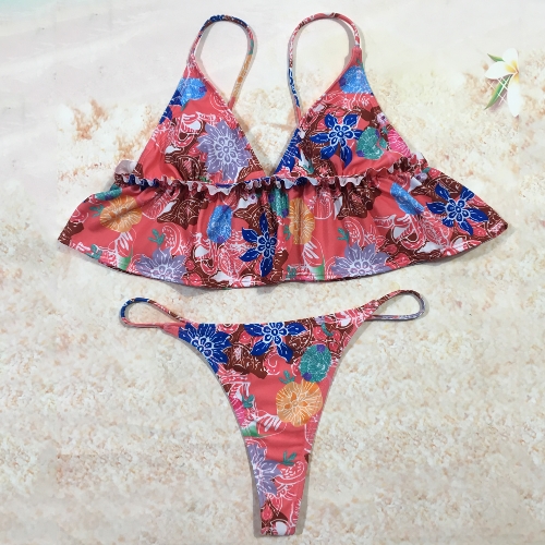 Sexy Women Brazilian Bikini Set Ruffle Swimsuit Flower Print Swimwear Beach Wear Two Piece Bathing Suit Red/Blue/Khaki