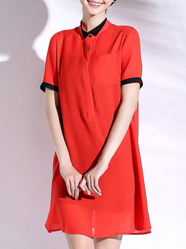 Red Chiffon Plain H-line Simple Midi Dress