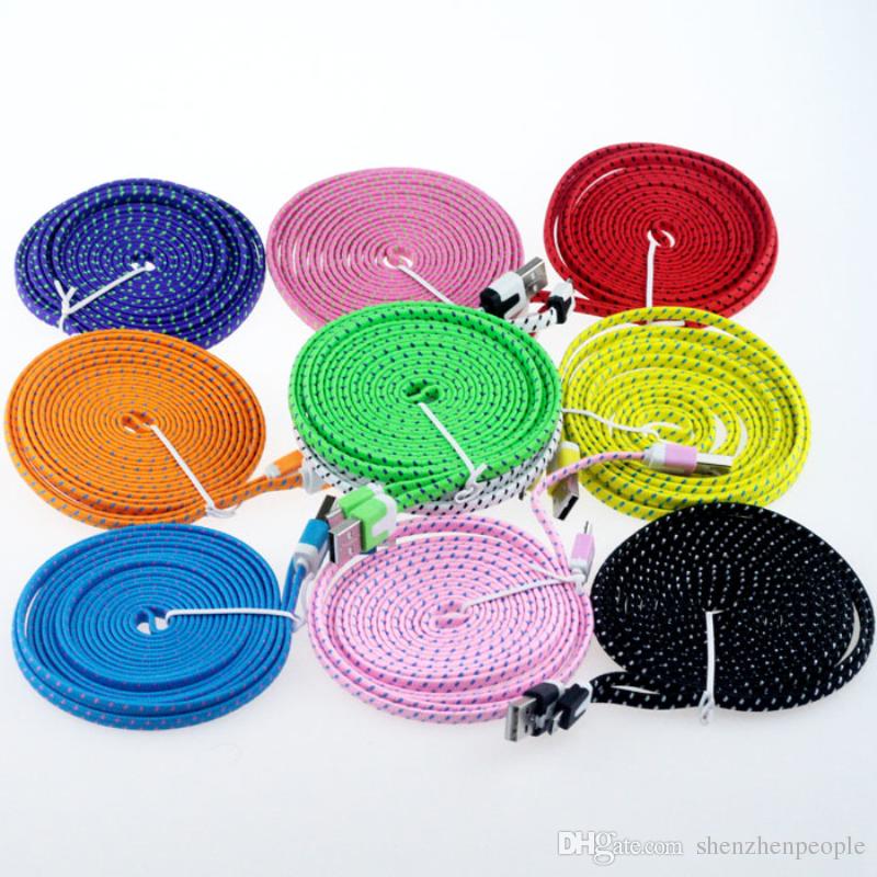 10FT 6ft 3FT Noodle Flat Braid Charging Cord Sync Fabric TYPE-C Micro Wire USB Data Cable Line Samsung S8 S7 HUAWEI
