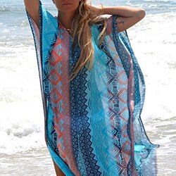 Women's Swimwear Cover Up Beach Dress Normal Swimsuit Oversized Print Blue Bathing Suits New Party Active / Casual / Padless miniinthebox