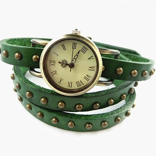 Palabra romana envuelta en regalo Punk tachonado Willow Cowhide Fashion Vintage Bracelet Watch Student Watch green