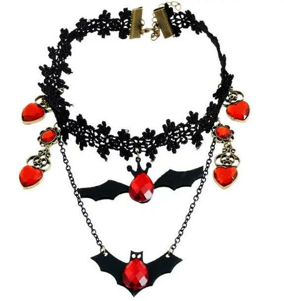 Gothic Black Lace Choker Red Heart Drop Zircon Necklace Halloween Jewelry