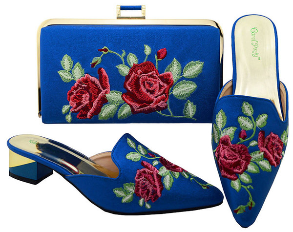 nice looking blue color low heel 3.8cm ladies shoes woth flowers embroidery african shoes match handbag set for dress mm6003