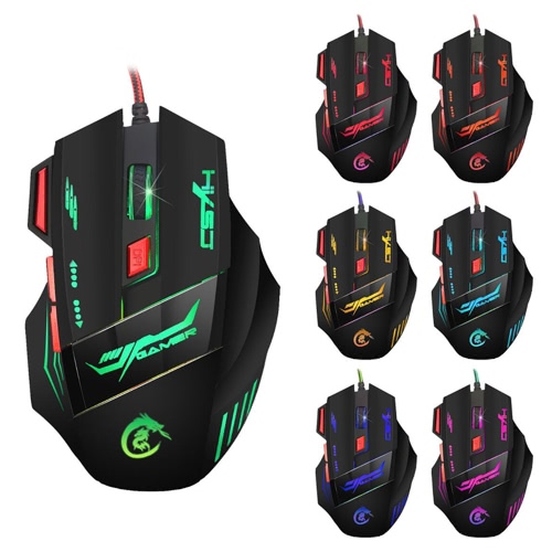 HXSJ H100 Gaming Mouse USB Wired Optical Game Mouse 5500 DPI Adjustable 7 Buttons 7 Colors LED Backlight