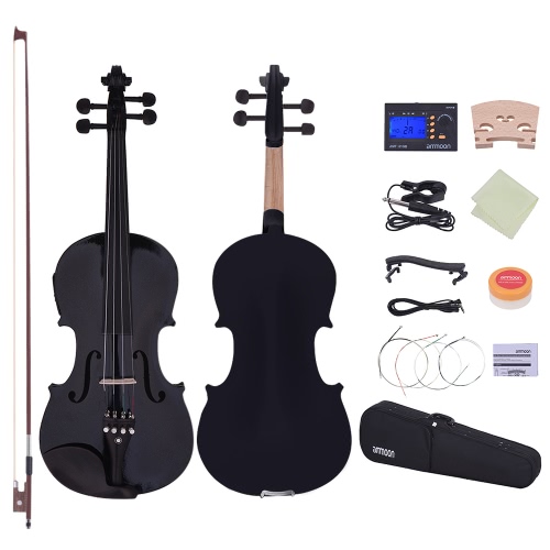 ammoon Full Size 4/4 Acoustic Electric Violin Fiddle Solid Wood Body Ebony Fingerboard Pegs Chin Rest Tailpiece with Bow Hard Case Tuner Shoulder Rest Rosin Extra Strings & Bridge White Color