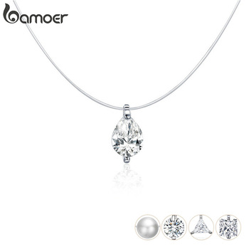 bamoer 925 Sterling Silver Invisible Choker Necklace for Women Waterdrop Square Triangle Pendant Neckalce Female Bijoux SCN332-D