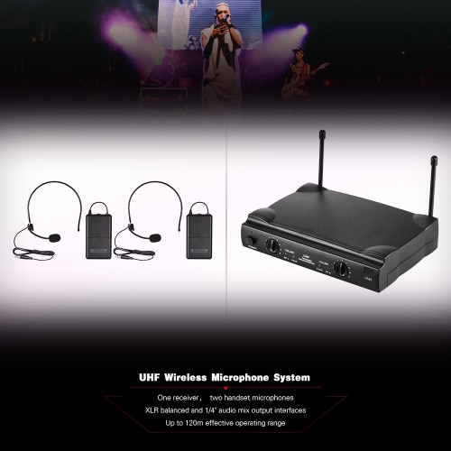 UHF Dual Channels Wireless Microphone Mic System with 2 Bodypack Transmitter 2 Headset Microphones 1 Receiver 6.35mm Audio Cable Power Adapter for DJ Karaoke