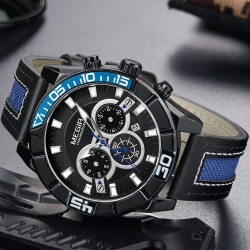 MEGIR Fashion Genuine Leather Men Sport Watch 3ATM Water-resistant Quartz Luminous Wristwatch Man Relogio Musculino Chronograph