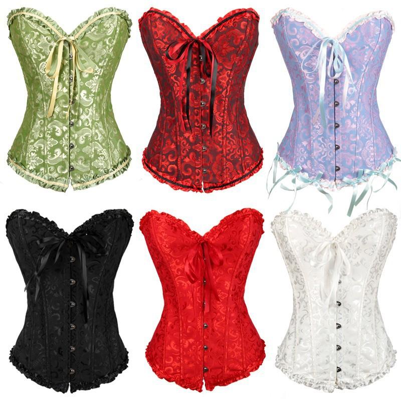 Women's Lace Up Satin Boned Overbust Waist Trainer Corsets And Bustiers Bodyshaper Top Plus Size G String Push Up Shapewear