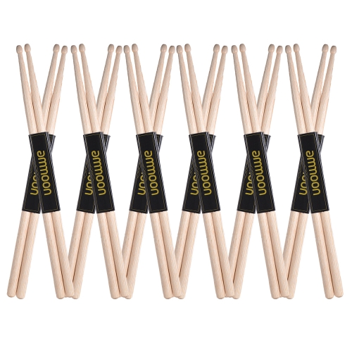 ammoon 12 Pairs of 5A Wooden Drumsticks Drum Sticks Maple Wood Drum Set Accessories
