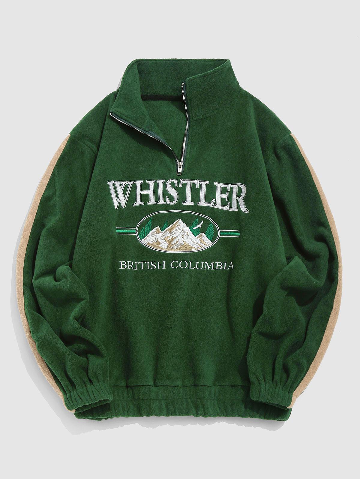 ZAFUL Men's Streetwear Letter Mountain Vintage Embroidery Polar Fleece Quarter Zip Sweatshirt L Deep green