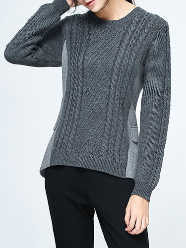 Wool Blend Long Sleeve H-line Knitted Plain Sweater
