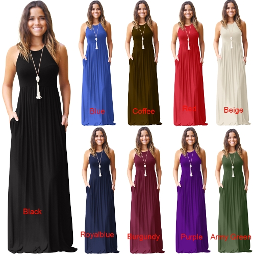 Women Dress Solid Round Neck Sleeveless Racer Back High Waist Pleated Pockets Maxi Gown Casual One-Piece