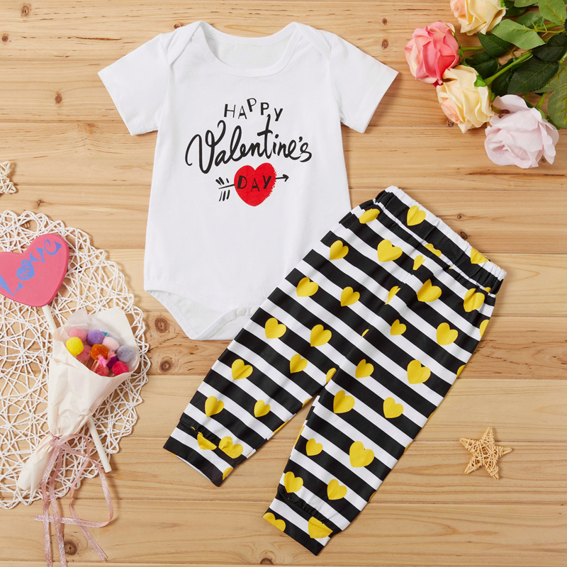 Baby HAPPY VALENTINE'S DAY Print Romper and Striped Pants Set