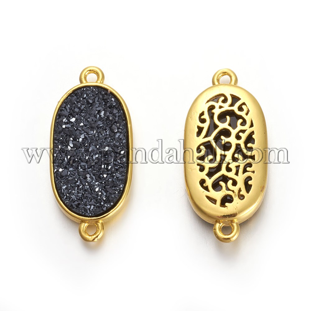 Brass Links, with Druzy Acrylic, Golden Plated Color, Long Oval, Black, 22x10x4mm, Hole: 1.2mm