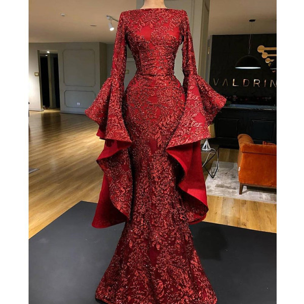 red prom dresses glued sequins sparkly 2020 long sleeve ruffle mermaid floor length trumpet sleeve dark red shinning evening gowns