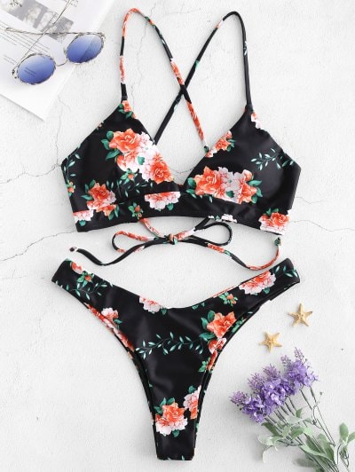 ZAFUL Flower Lace Up High Leg Bikini Set