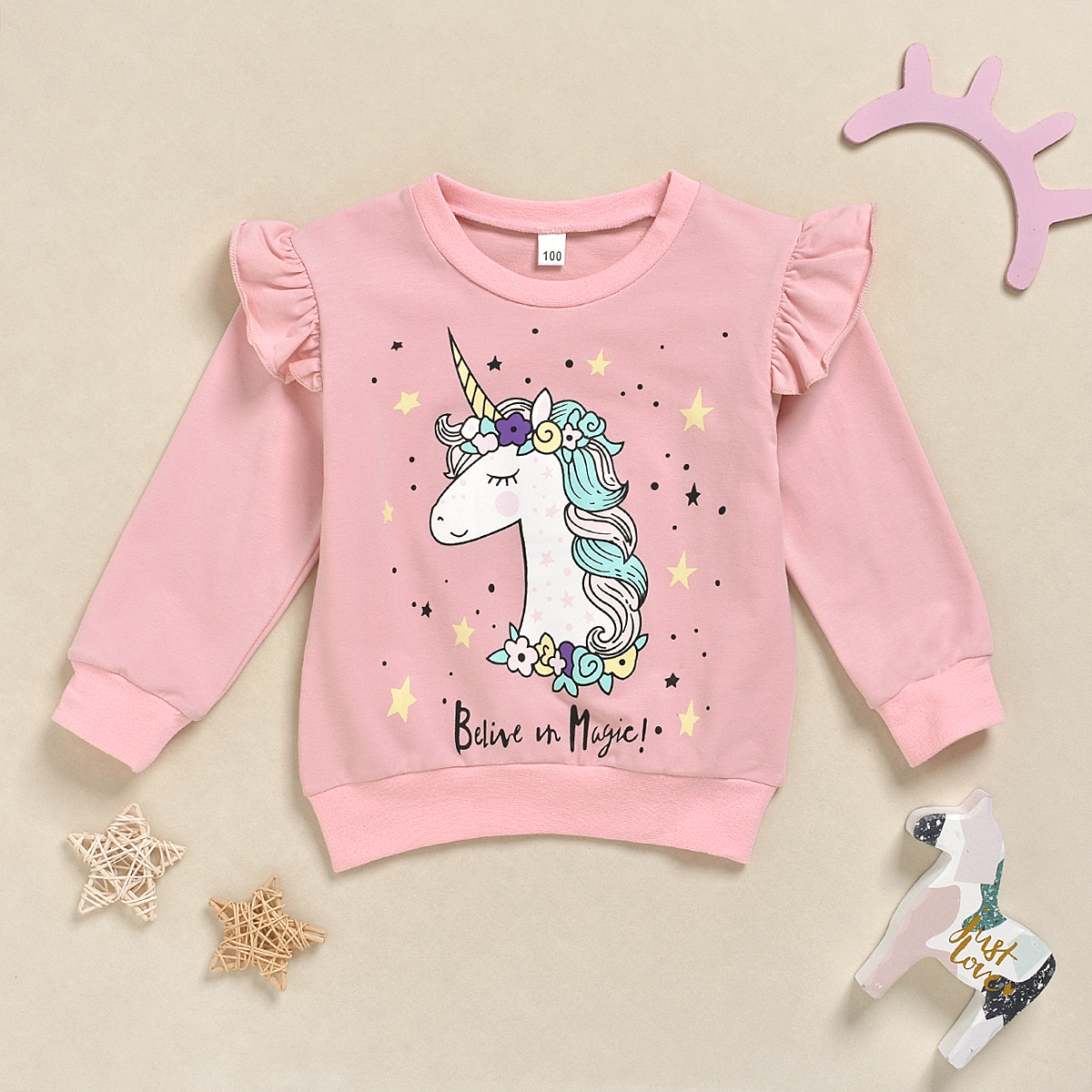 Baby / Toddler Girl Adorable Unicorn Print Flutter-sleeve Pullover