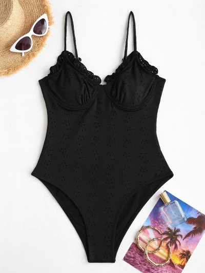 ZAFUL Frilled Broderie Anglaise Underwire Bustier One-piece Swimsuit
