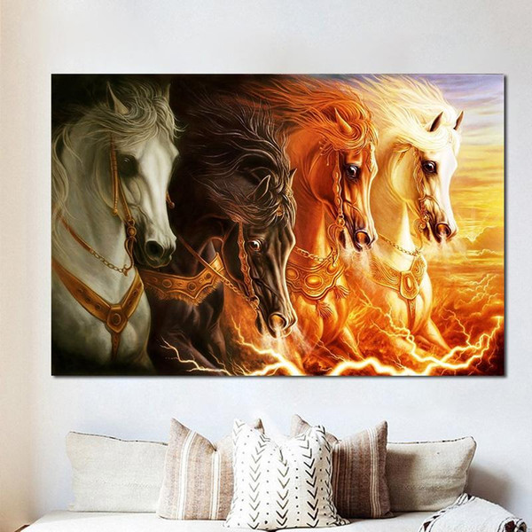 nordic four white running horses wall art pictures painting wall art for living room home decor (no frame)