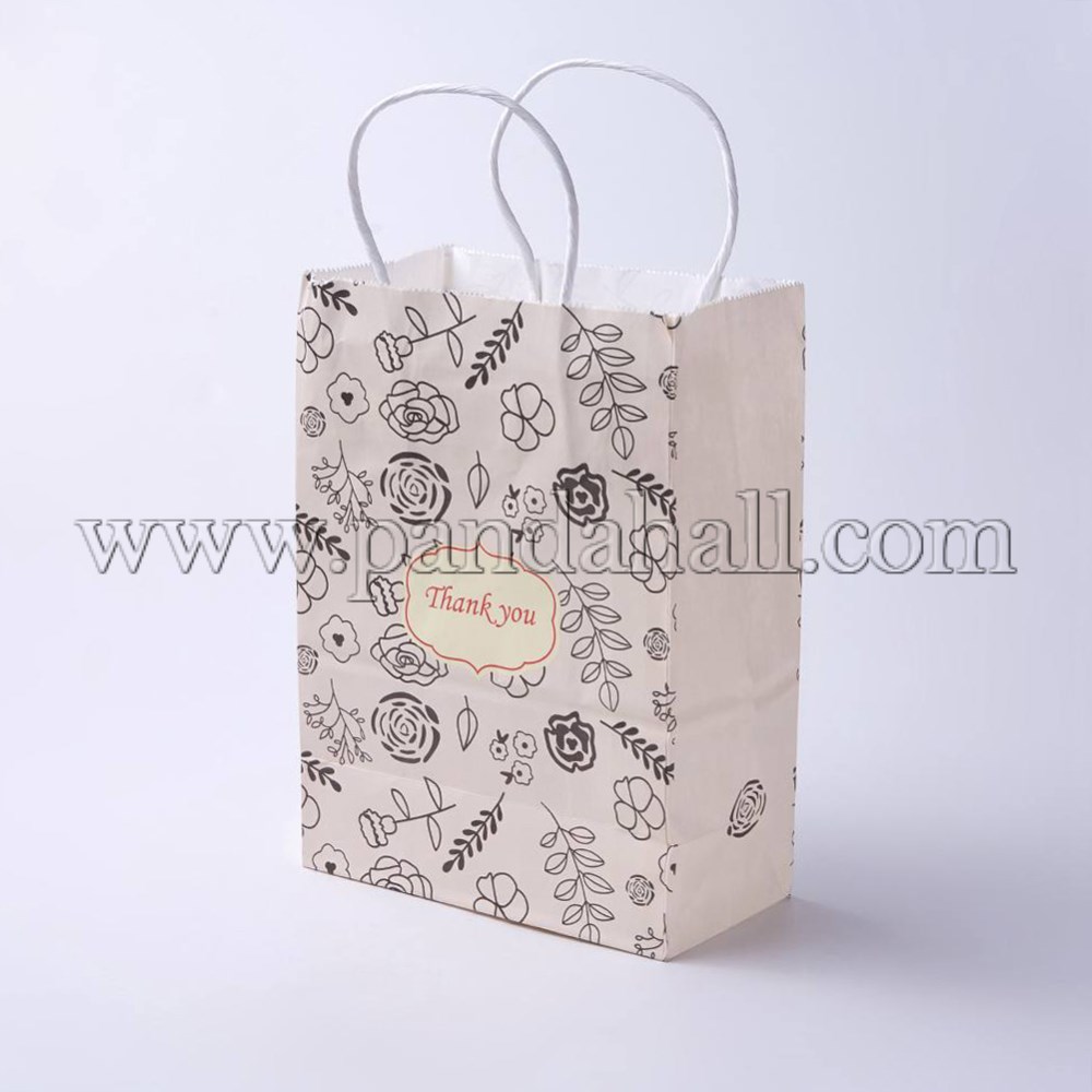kraft Paper Pouches Gift Shopping Bags, Rectangle with Flower Pattern, PapayaWhip, 33x26x12cm