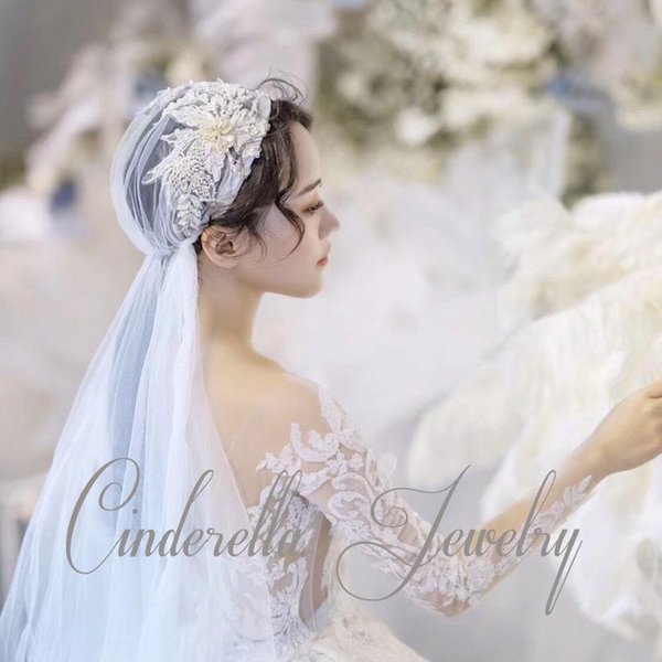 Bridal Veils Bride's Wedding Retro Champagne Color Lace Cap-style Veil Headdress Super Fairy Beautiful Soft Yarn Bride Hair Accessories
