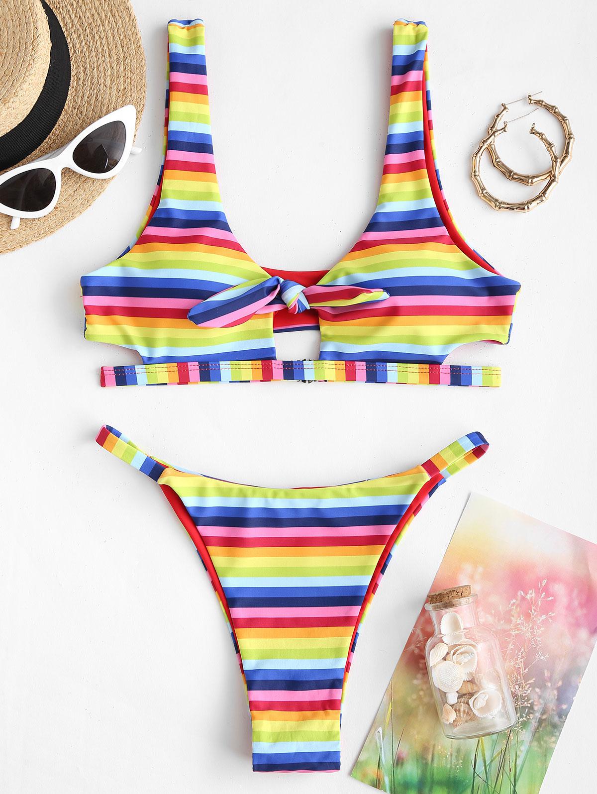 ZAFUL Striped Rainbow Knot Tank Bikini Swimwear S
