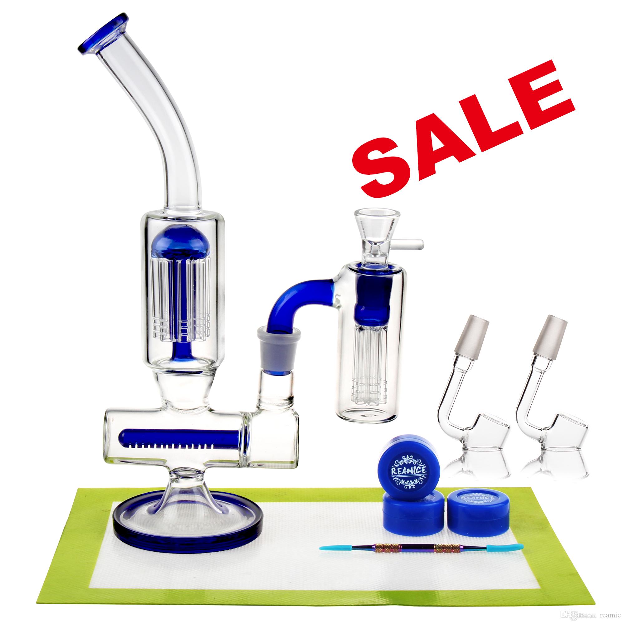 REANICE BOX Newest Glass Recycler 18.8mm Jonit Blue + Silicone mat/Silicone wax/Metal tools spoon glass double recycler bong Cheap Bong