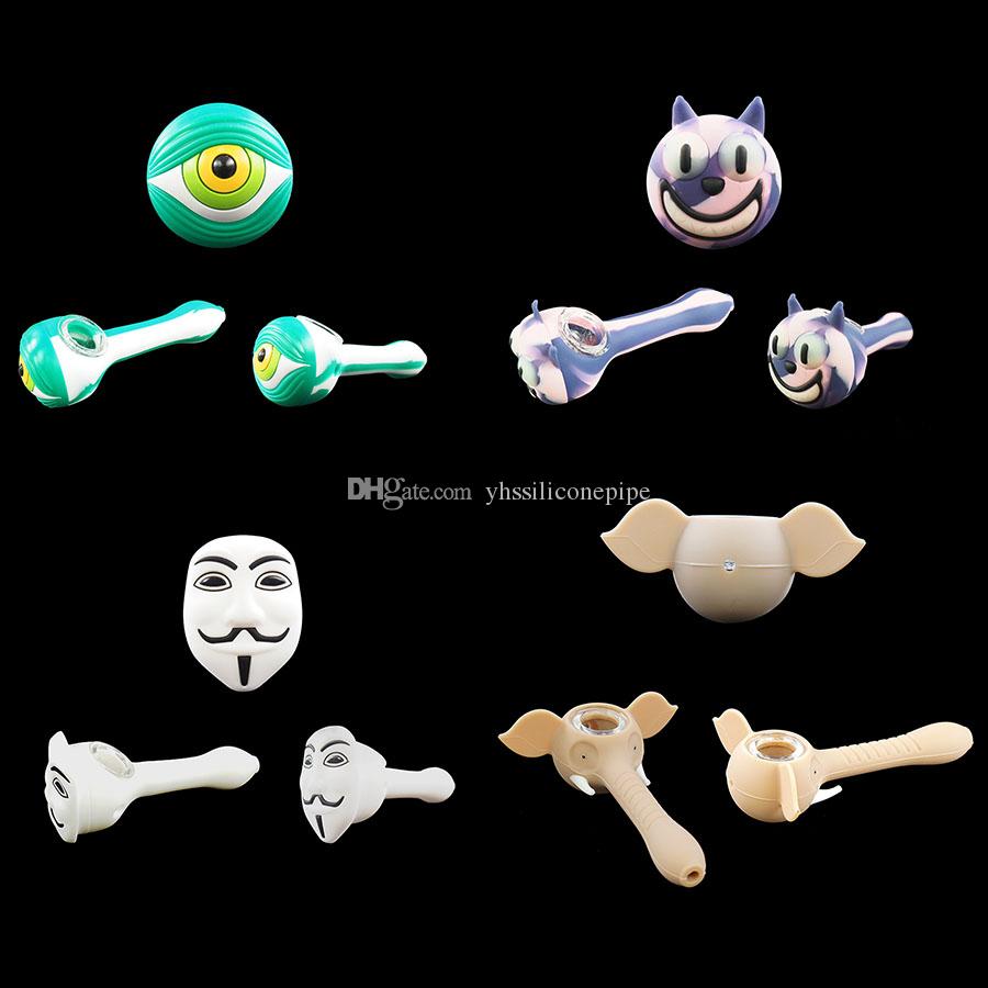 10X multiple style V face Silicone Smoke Pipe Unbreakable Tobacco Hand Pipes Spoon Smoking Pipe with glass Bowl