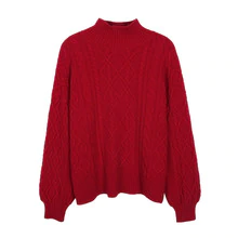 Vintage Turtleneck New Year's Sweater Women Lantern Sleeve Solid Jersey De Mujer Invierno Red Fashion Pullover Knitwear Sweater
