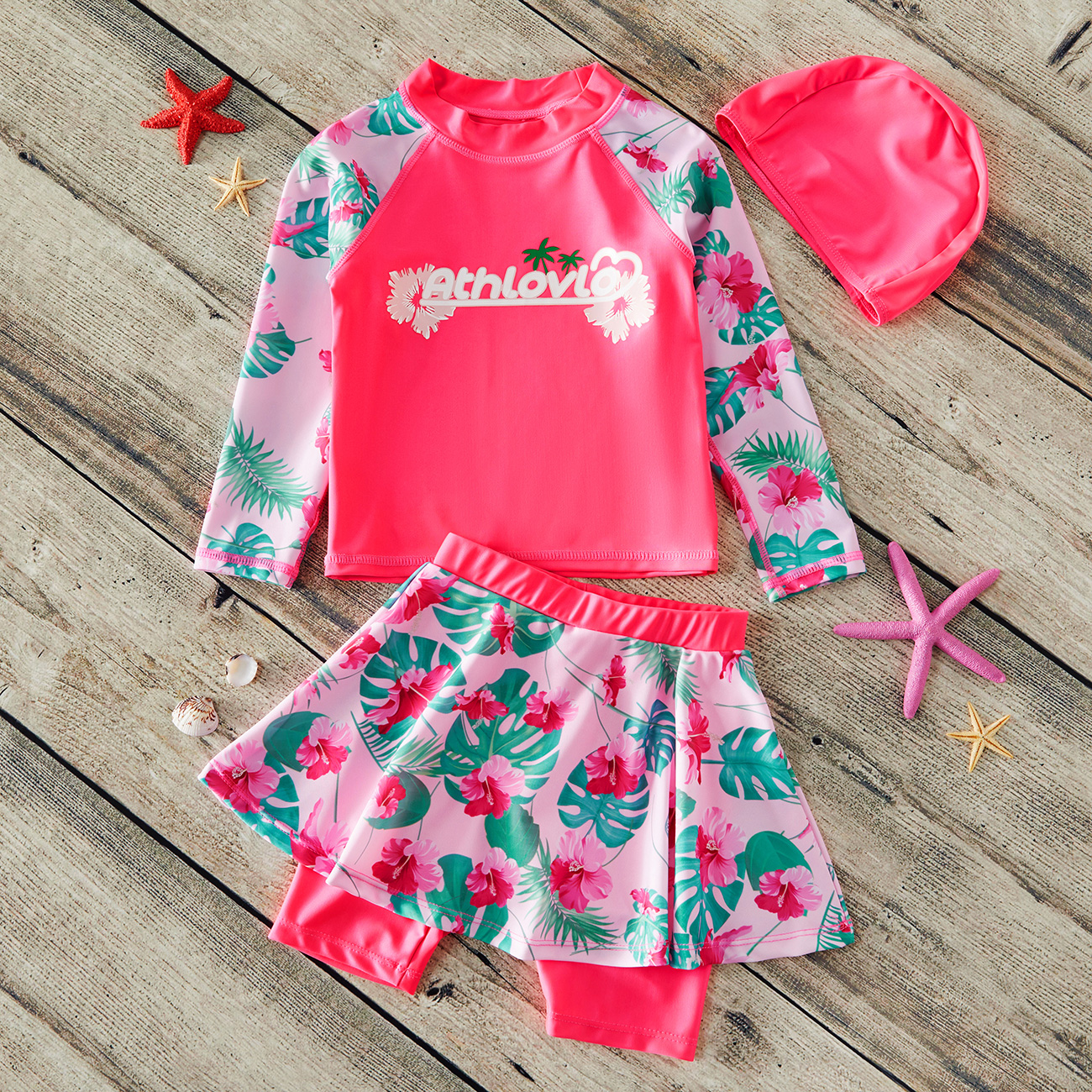 3-piece Toddler Girl Pretty Flamingo Print Top and Bottom with Hat Swimwear Set