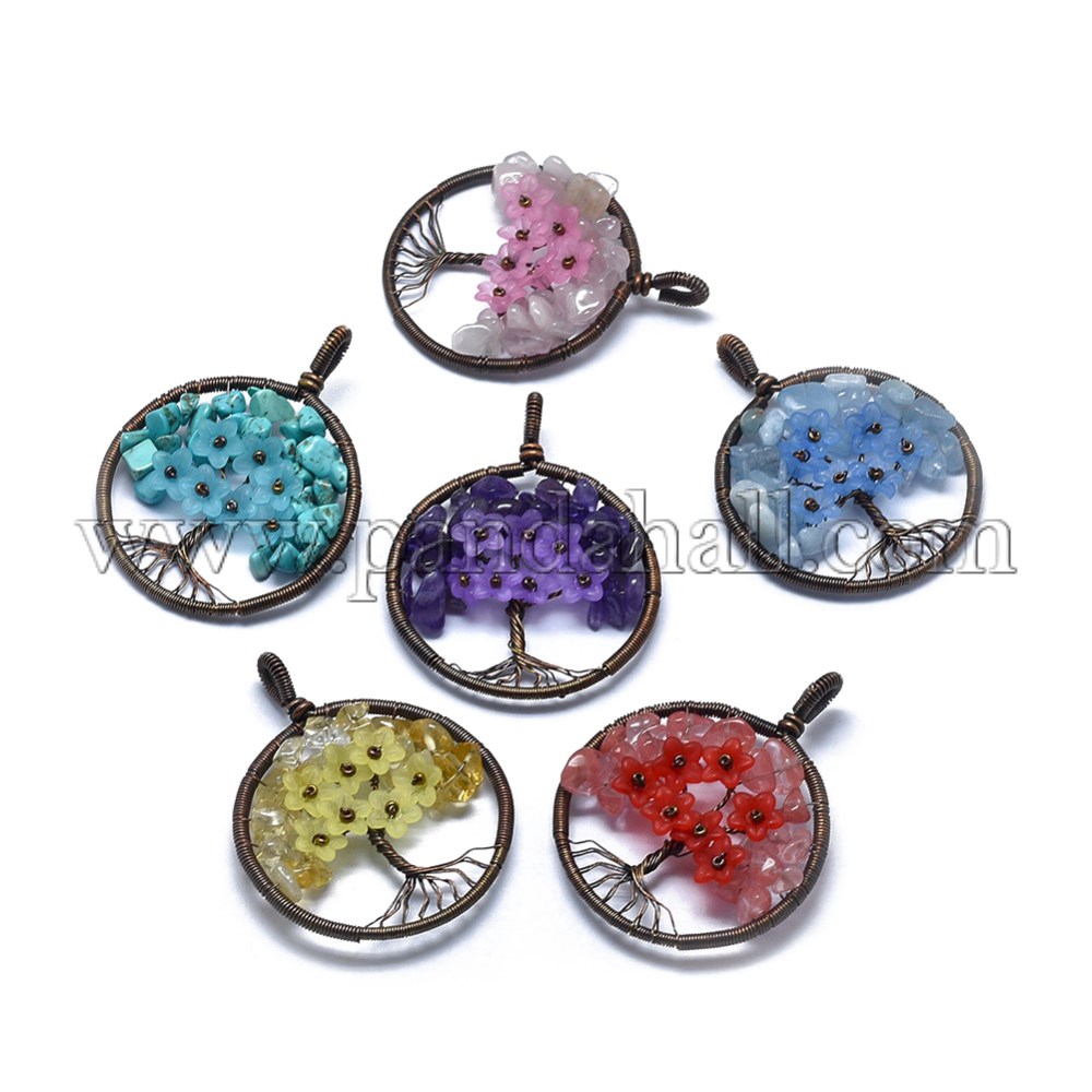 Natural & Synthetic Gemstone Pendants, with Acrylic and Brass Findings, Flat Round with Tree of Life, 59x47~47.5x9.5~10mm, Hole: 4mm