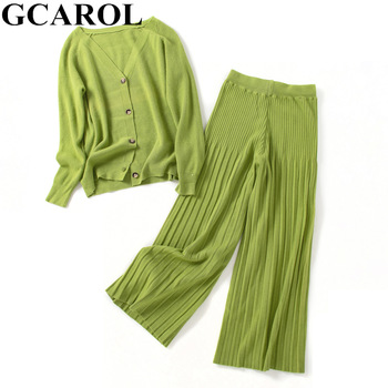GCAROL New Women's sets V Neck Cardigan And Wide Leg Pants 2 pcs Set Knit Top Elastic Waist Pants Leisure Fall Winter Outfits