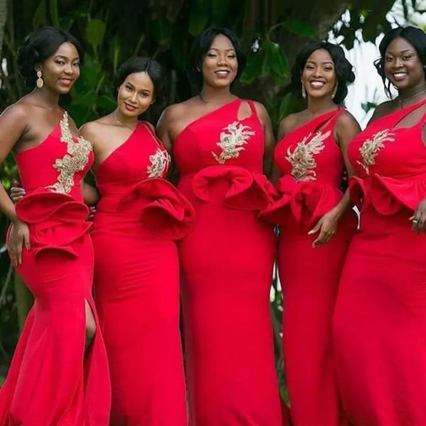 Red Bridesmaid Dresses One Shoulder Keyhole Lace Applique Peplum Mermaid Front Slit Custom Made African Made of Honor Gown