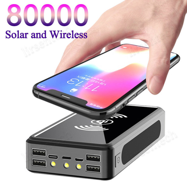 80000mAh Wireless Solar Power Bank Portable Phone Fast Charging External Charger PowerBank 4 USB LED Lighting for Xiaomi iphone